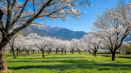 Obraz premium A picturesque view of a blooming cherry orchard in the valley with a mountain range in the background. The trees are in full bloom, creating a beautiful white canopy. 
