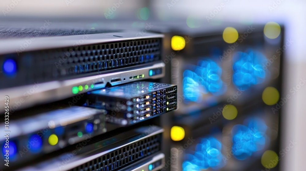 Poster data center server rack close up with glowing lights and network connections