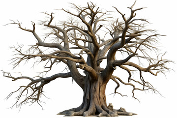 Fototapeta premium hauntingly leafless, old tree with gnarled branches, isolated on a white or transparent background.