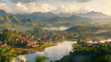 A misty sunrise over a village nestled between rolling hills and a serene lake.