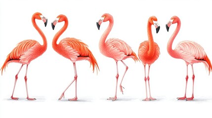 Obraz premium Five pink flamingos on white background.