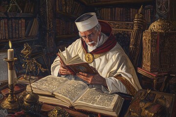 Saint Anselm is illustrated in a scholarly setting, immersed in ancient writings and symbolic relics that reflect his theological impact.