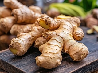 Fototapeta premium Detailed close-up image of fresh, raw ginger roots with rich textures and earthy tones, showcasing their intricate details and natural appearance.