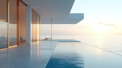 Sea view empty large living room of luxury summer beach house with swimming pool near terrace. Big white wall background in vacation home or holiday villa. 