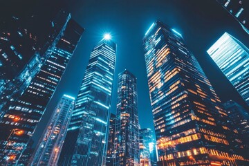 A low-angle shot of a city skyline at night with tall buildings lit up in a blue and yellow light.