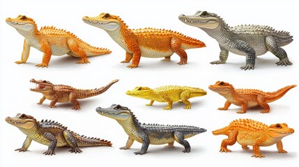 Fototapeta premium Eight crocodiles of various colors on white.