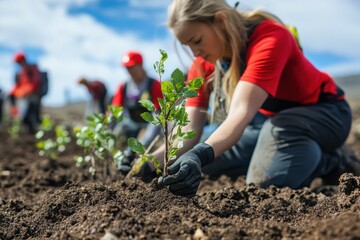 Fototapeta premium A woman is planting a tree in a field with other people