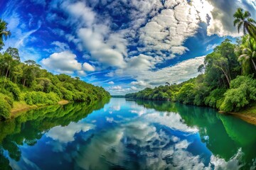 Fototapeta premium Blue cloudy sky over a lush green jungle with calm blue water near Ship Creek, fisheye lens view