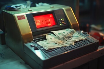 A vintage currency counting machine sits on a cluttered table. Money is stacked on the device. This image captures finance and technology in a nostalgic style. Generative AI