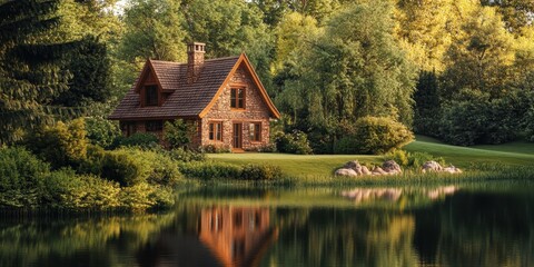 Obraz premium Stone cottage by lake in the woods.