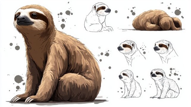 A detailed drawing of a sloth and several sketches.