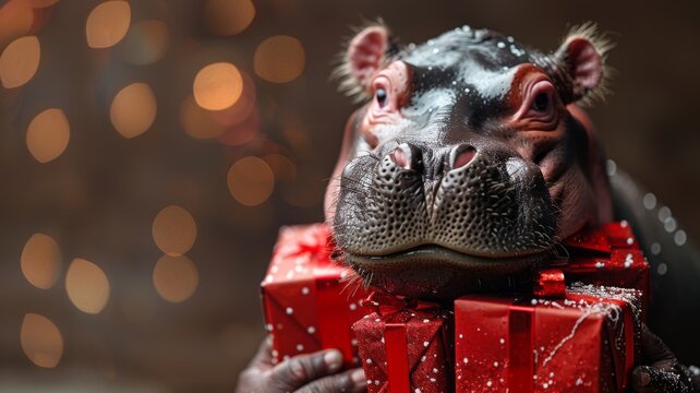 With holiday cheer in its eyes, the hippopotamus gingerly carries the colorful presents, embodying the spirit of giving and joy during the season.