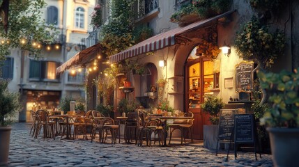 Cobblestone street cafe with empty tables.