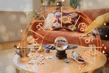 Witch's magic attributes on table in living room, closeup