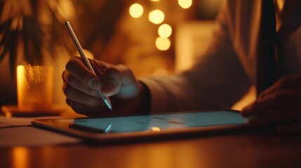 Close-up of a Hand Using a Stylus on a Tablet