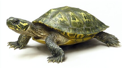 Obraz premium Green turtle with detailed shell on white background.