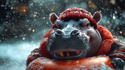 Racing down the hill, the hippo's exhilaration is evident in its joyful expression and the rapid movement of the sled beneath it.