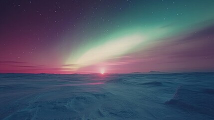 A vibrant aurora borealis lights up the night sky over a snowy landscape with a red sunrise on the horizon.