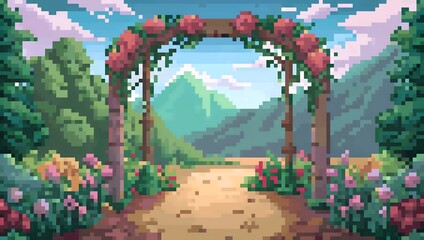 Rustic floral archway in mountain garden during daytime pixel art background. 8-bit game assets