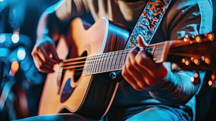 Obraz premium Close-up of a Person Playing an Acoustic Guitar