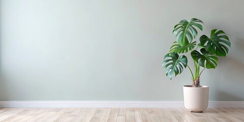 Pastel walls, white wooden floors, Monstera plant pot in background, serene and minimalist