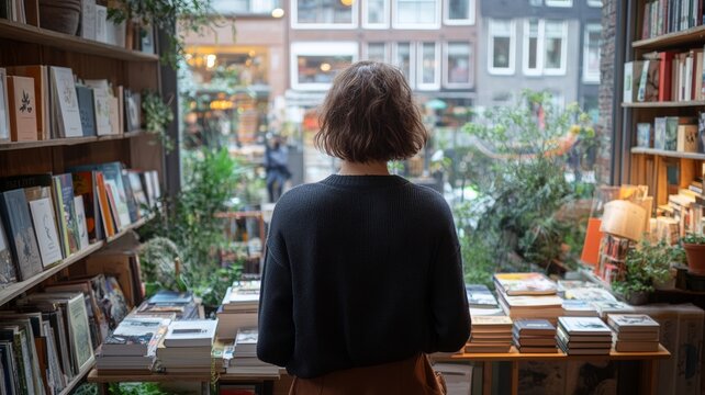 The serene bookstore atmosphere encourages quiet reflection on how small changes can make a big environmental impact.