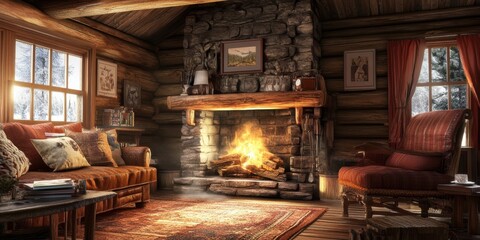 Cozy log cabin with fireplace and snowy view.