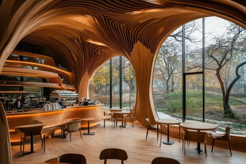 Fototapeta premium A restaurant with a lot of wood and glass windows
