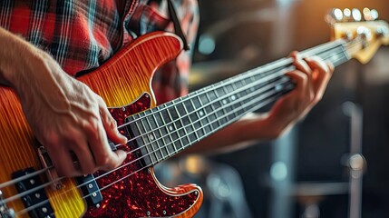 Obraz premium Close-up of a Person's Hand Playing a Bass Guitar