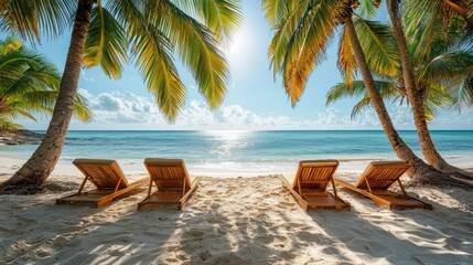 tropical beach scene with four wooden sun loungers under palm trees, overlooking a serene blue ocean and bright sunny sky.