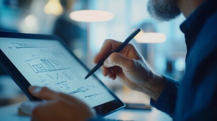 Fototapeta premium Digital Design: Close-up of a Designer Sketching on a Tablet