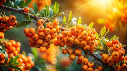 A Sunlit Tapestry of Golden Berries on a Branch, with a Blurred Background of Green Leaves and a Glowing, Warm Light
