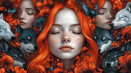Sleeping redhead surrounded by wolves and flowers.