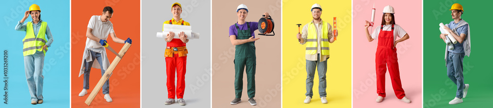 Poster set of different workers on color background