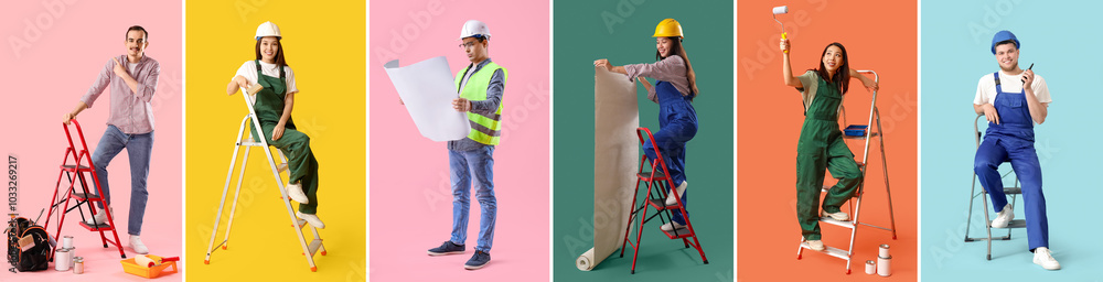 Poster set of different workers on color background