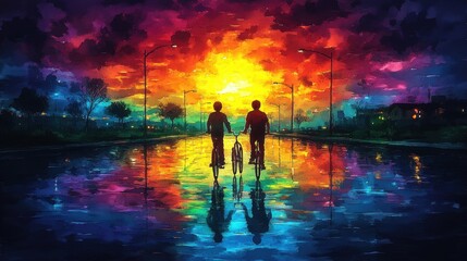 Fototapeta premium Two bikers silhouette reflected in rainbow puddle.