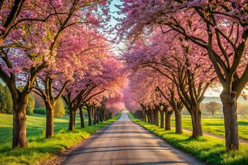 Naklejka premium Peaceful countryside road lined with flowering trees
