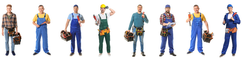 Set of plumbers on white background