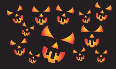 Pumpkin pattern vector design with various emotion expressions on black background. Suitable for wallpaper, Halloween decorations, or print designs with a scary theme