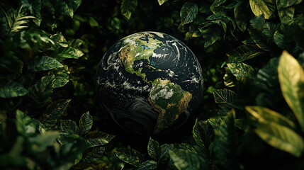 Planet Earth surrounded by green leaves in a tropical forest