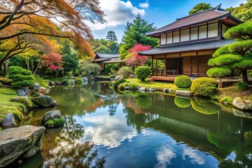 Peaceful Japanese garden with pond and house