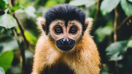 Obraz premium A close-up portrait of a curious squirrel monkey with large eyes looking directly at the camera.