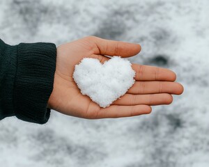 A hand holding a heart-shaped snowball against a snowy background. This image symbolizes love, winter, and the beauty of simple gestures.