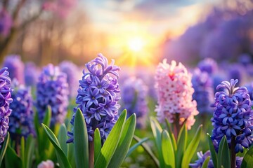 Fototapeta premium Peaceful morning scene with blurred hyacinth blooms in panoramic view