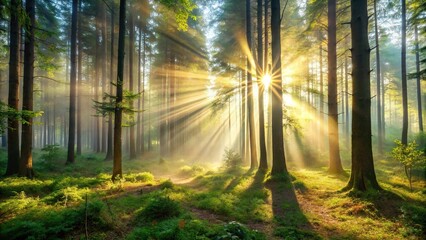 Fototapeta premium Peaceful morning landscape with soft fog and bright sunlight streaming through trees