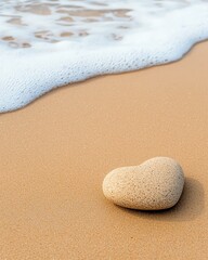 Obraz premium A heart-shaped stone rests on golden sand by the shore, with gentle ocean waves lapping in the background, symbolizing love and nature.
