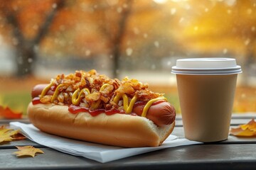 A hot dog with mustard and onions is served on a bun with a side of coffee