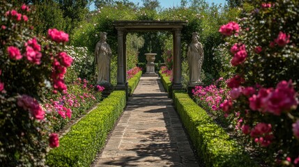 A stone path lined with lush hedges and pink roses leads to a classic archway with statues.