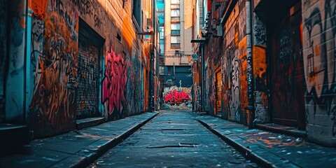 Fototapeta premium Graffiti-covered alleyway with colorful paint.