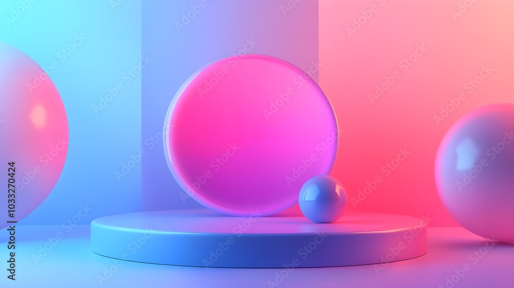 Poster abstract neon background with cylinder platform and geometric shapes